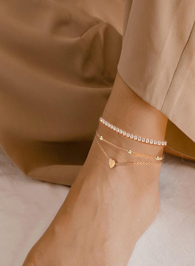 MYYOII Initial Ankle Bracelets for Women, Dainty Gold Anklets for Women Layered Heart CZ Bead Initial Anklets 14K Gold Plated Ankle Bracelet Set Waterproof Summer Beach Jewelry for Women T, Large - Image 5